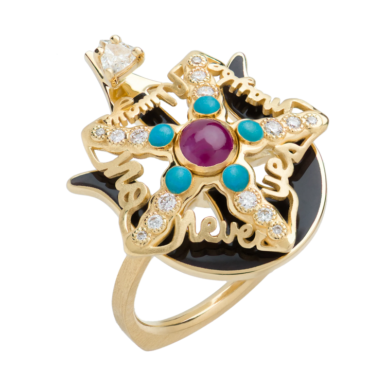 Starfish Black/Yellow Gold Ruby Ring